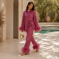Feather-trimmed trouser set