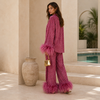 Feather-trimmed trouser set