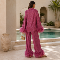 Feather-trimmed trouser set