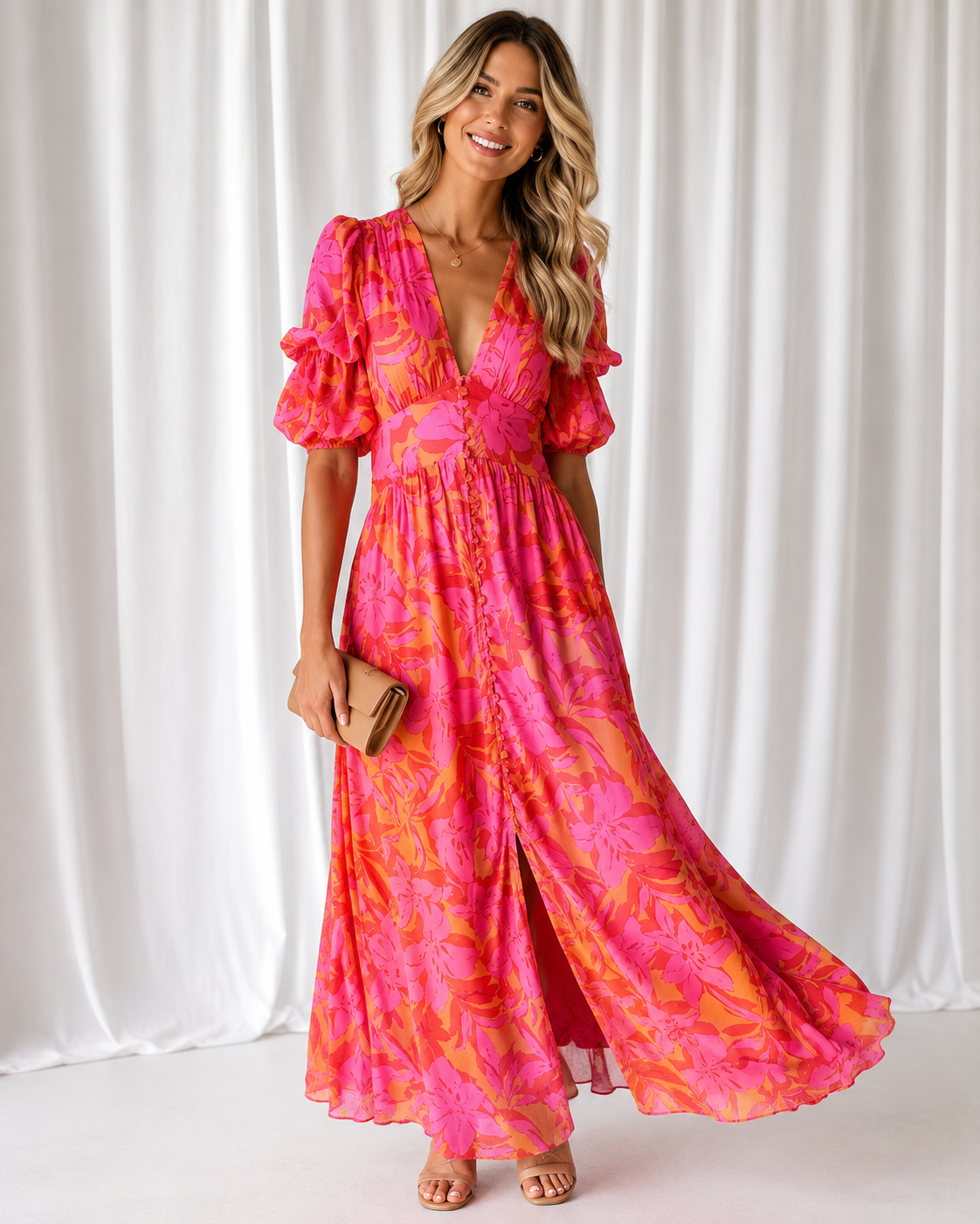 Robe longue rose imprimée à col en V