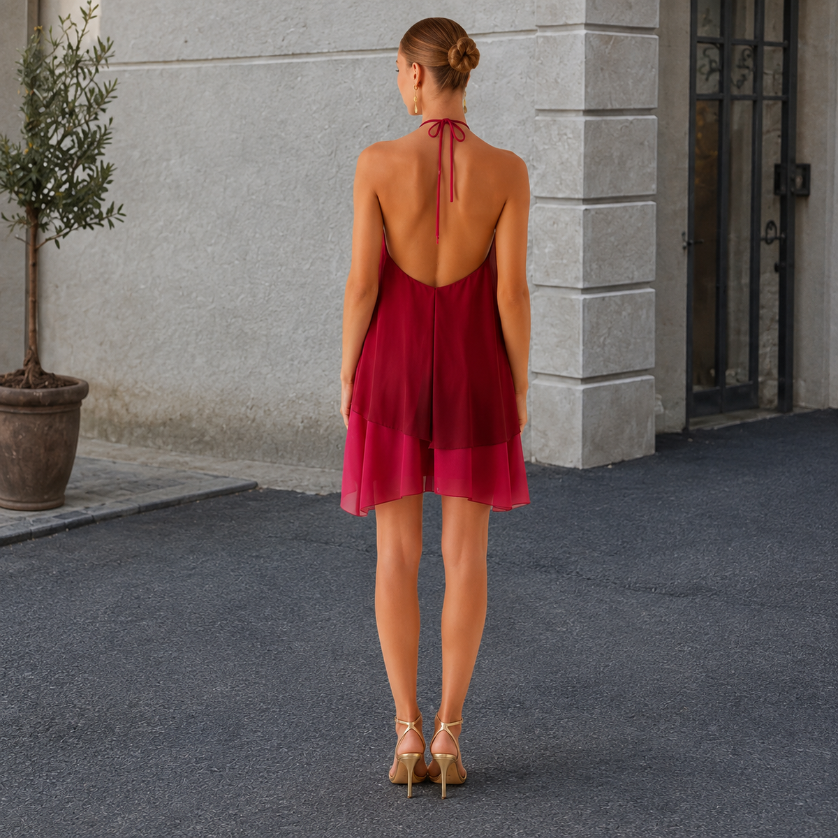 Robe mini dos nu en mousseline ombrée