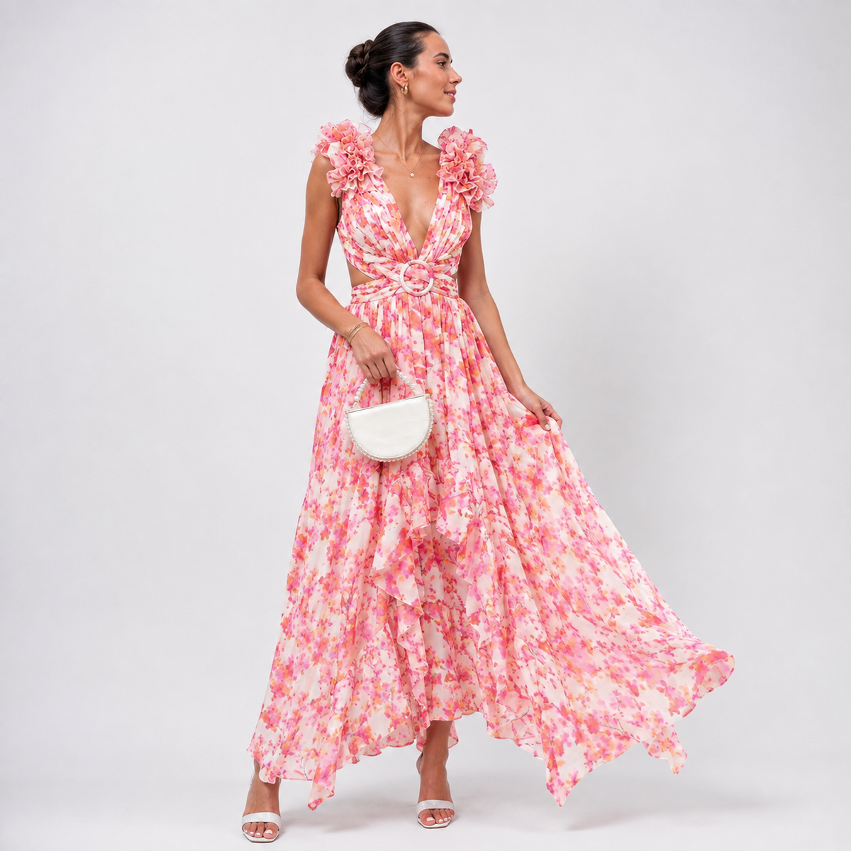 Robe longue à volants fleuris