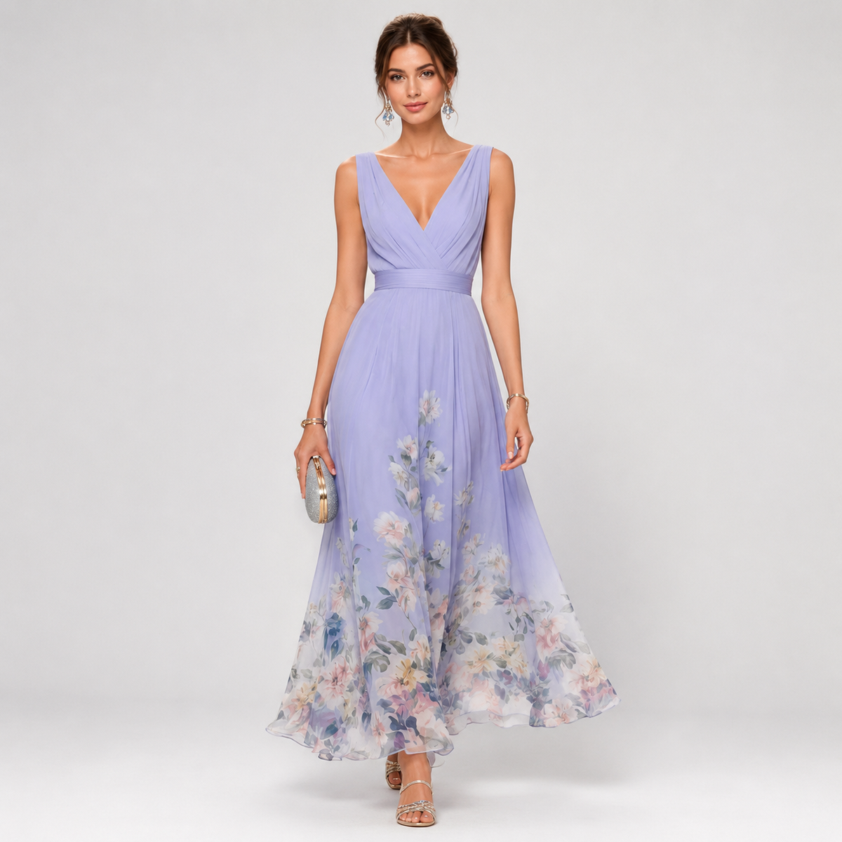 Robe longue fleurie à col V et ceinture