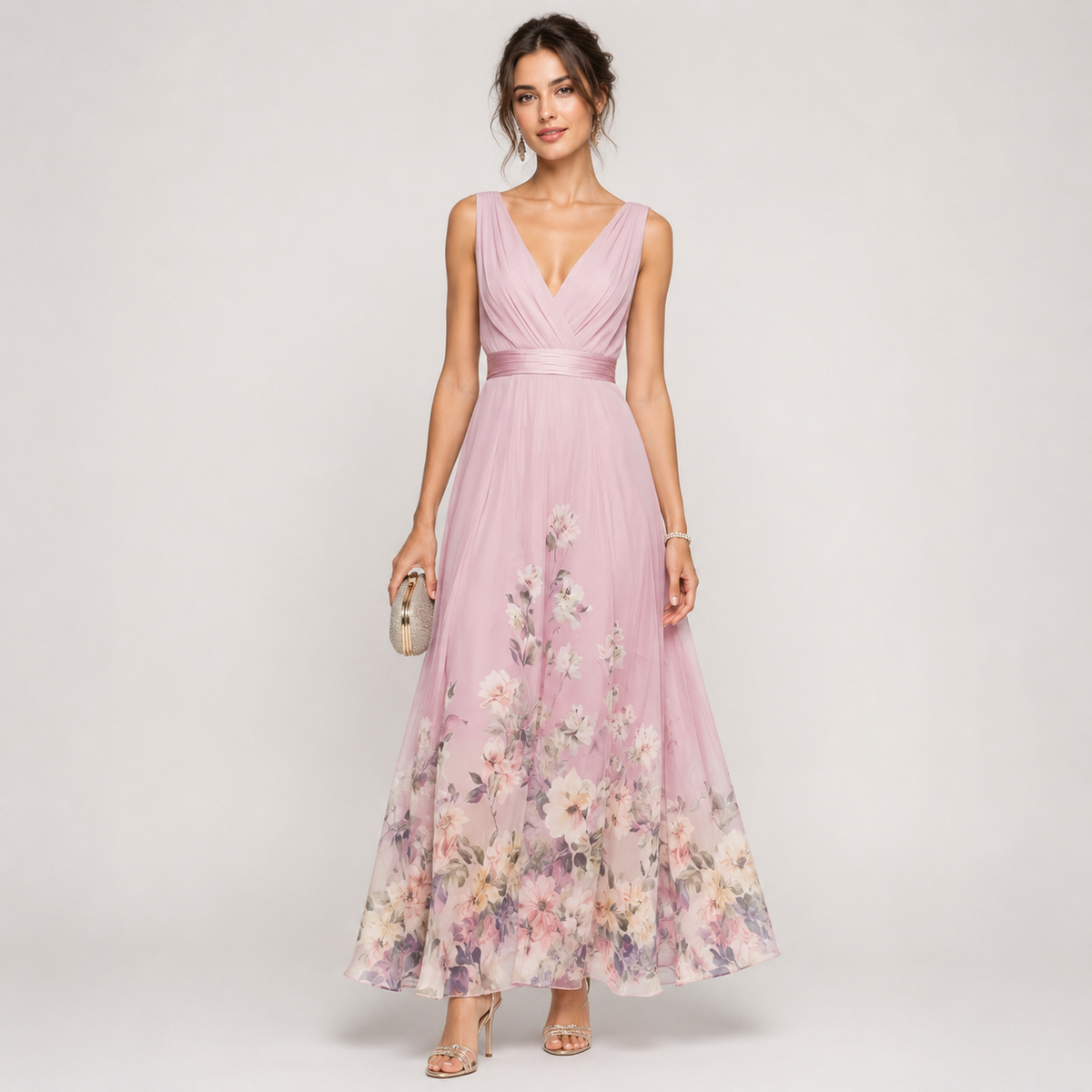 Robe longue fleurie à col V et ceinture