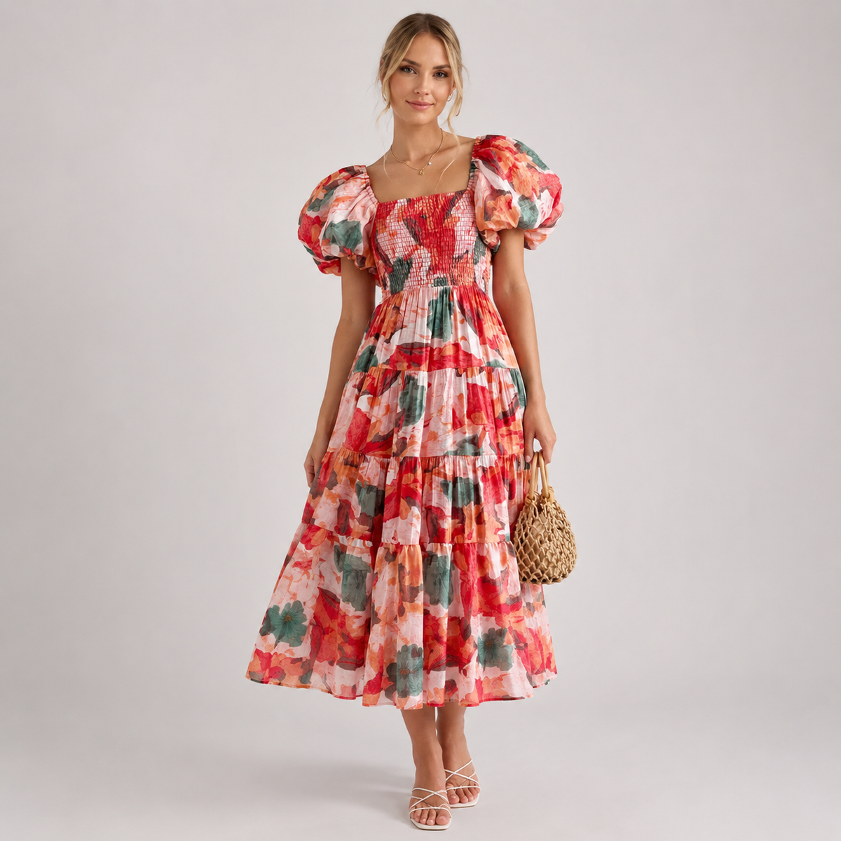 Robe midi fleurie Léa à épaules dénudées