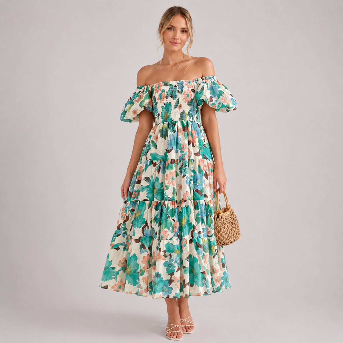 Robe midi fleurie Léa à épaules dénudées