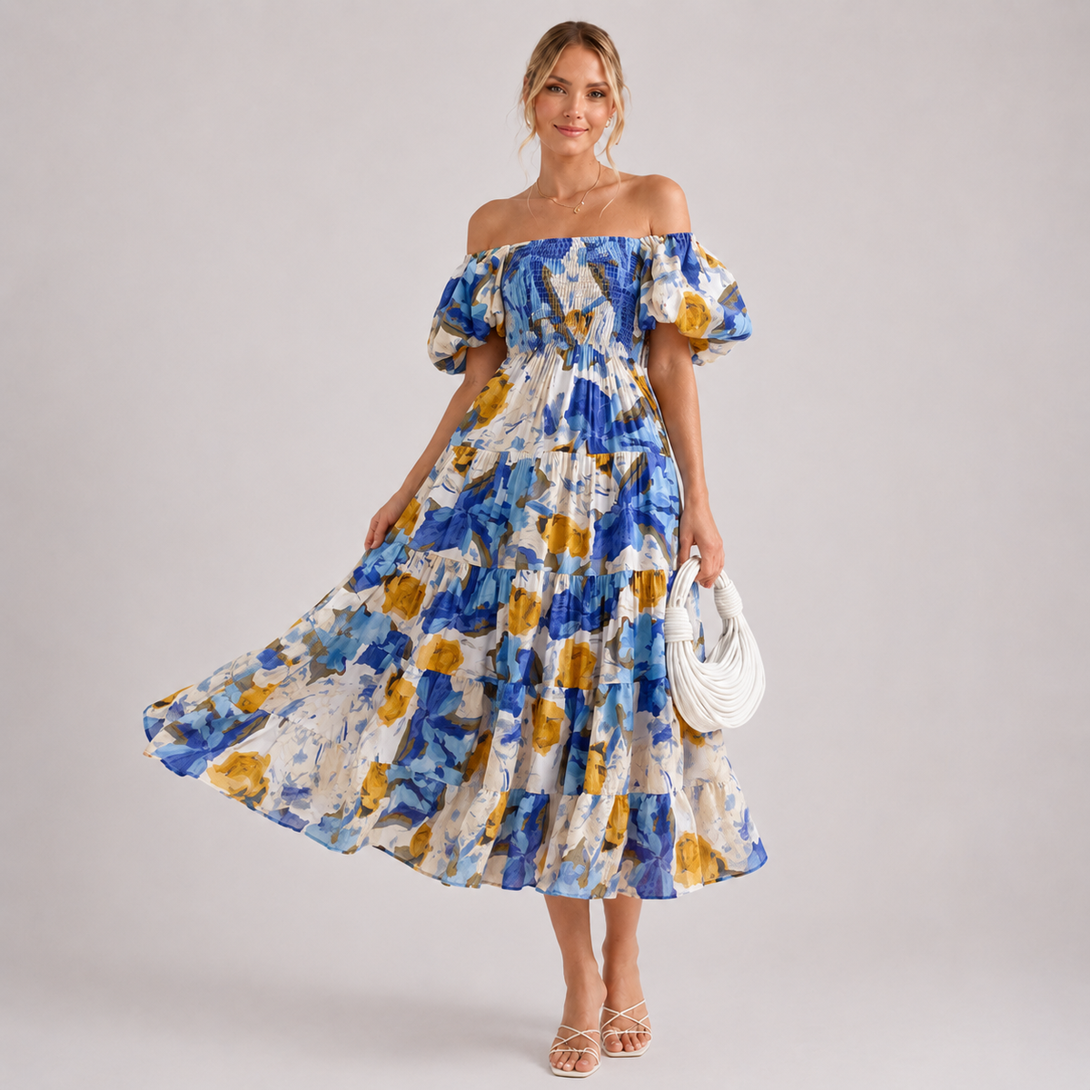 Robe midi fleurie Léa à épaules dénudées