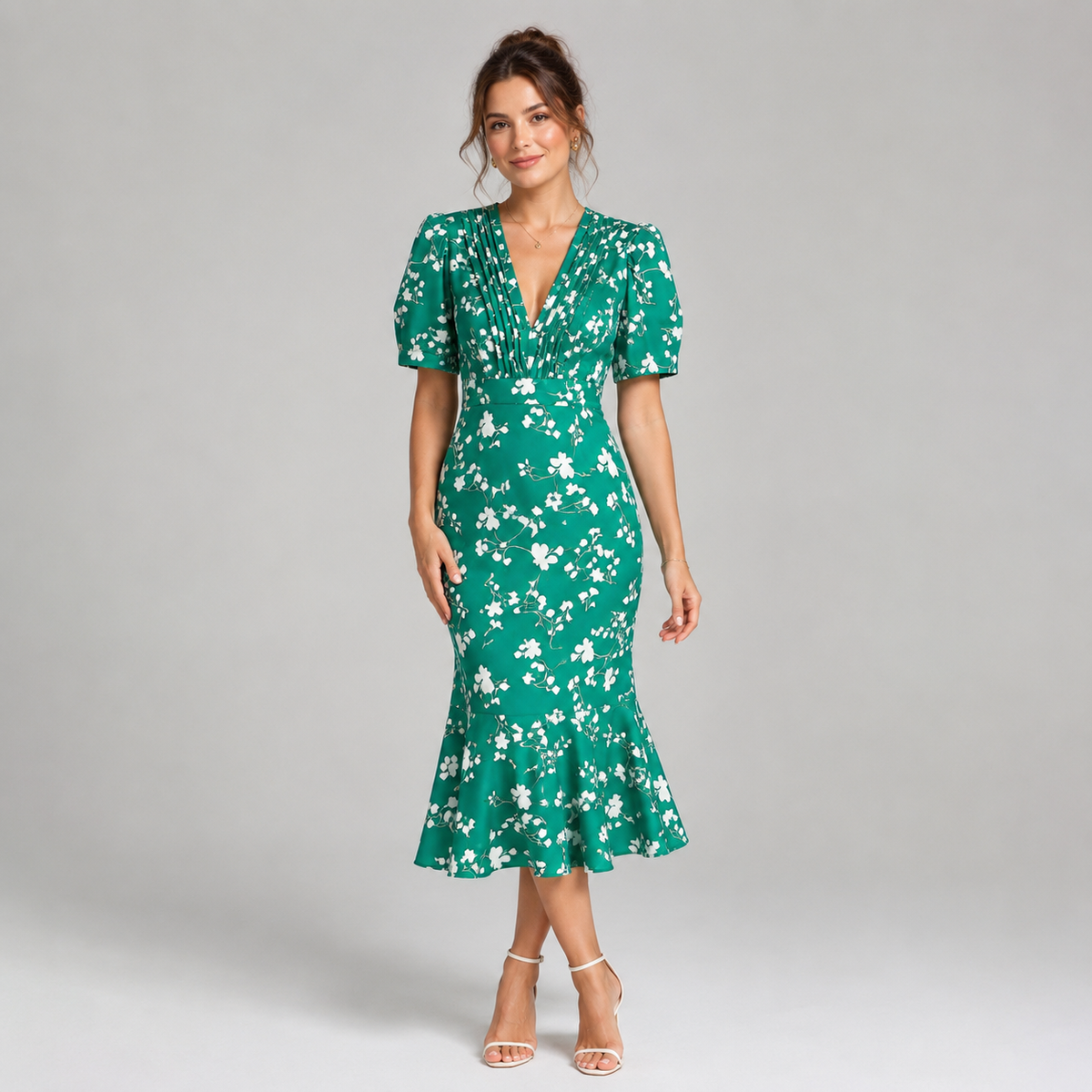 Robe midi fleurie à décolleté plongeant en V