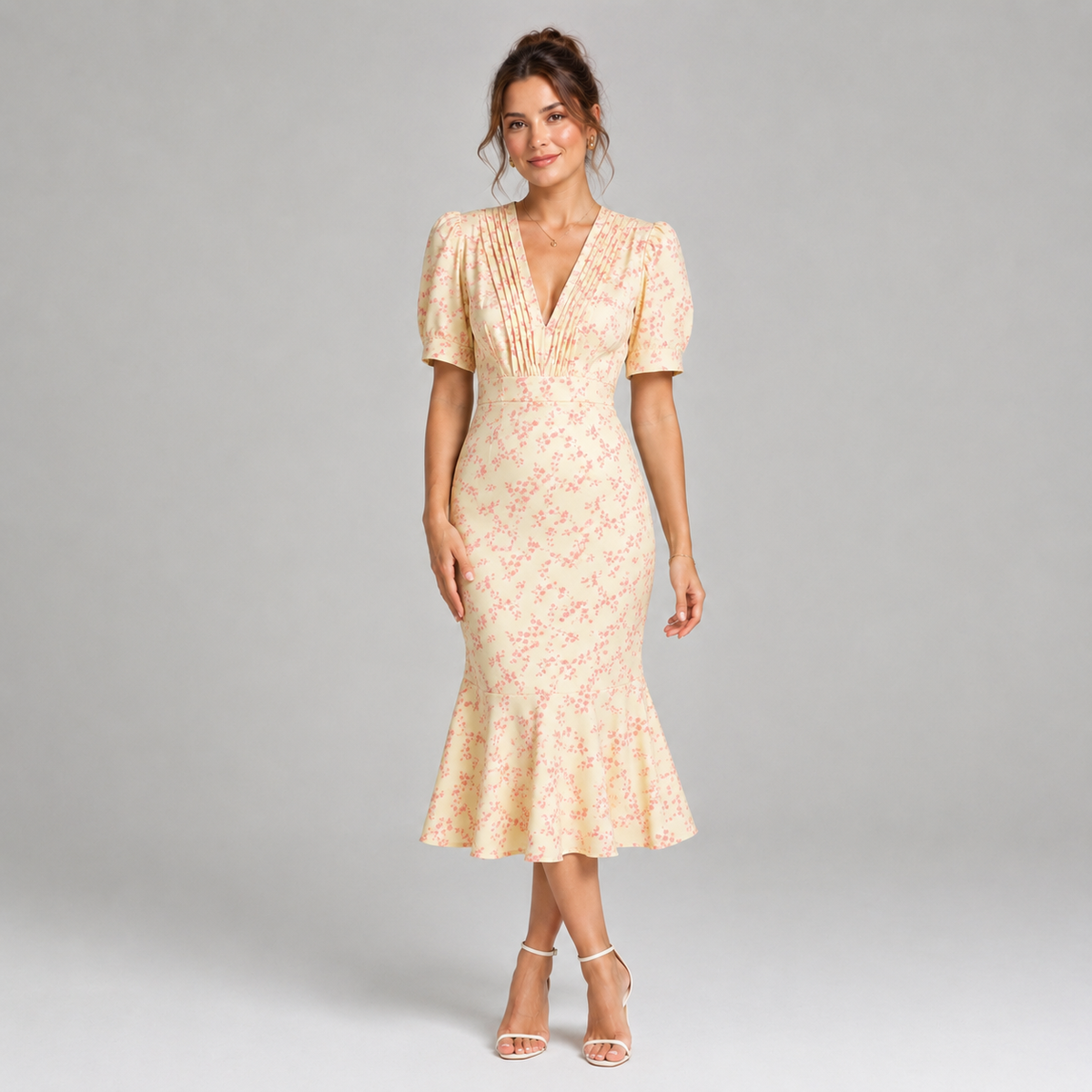 Robe midi fleurie à décolleté plongeant en V