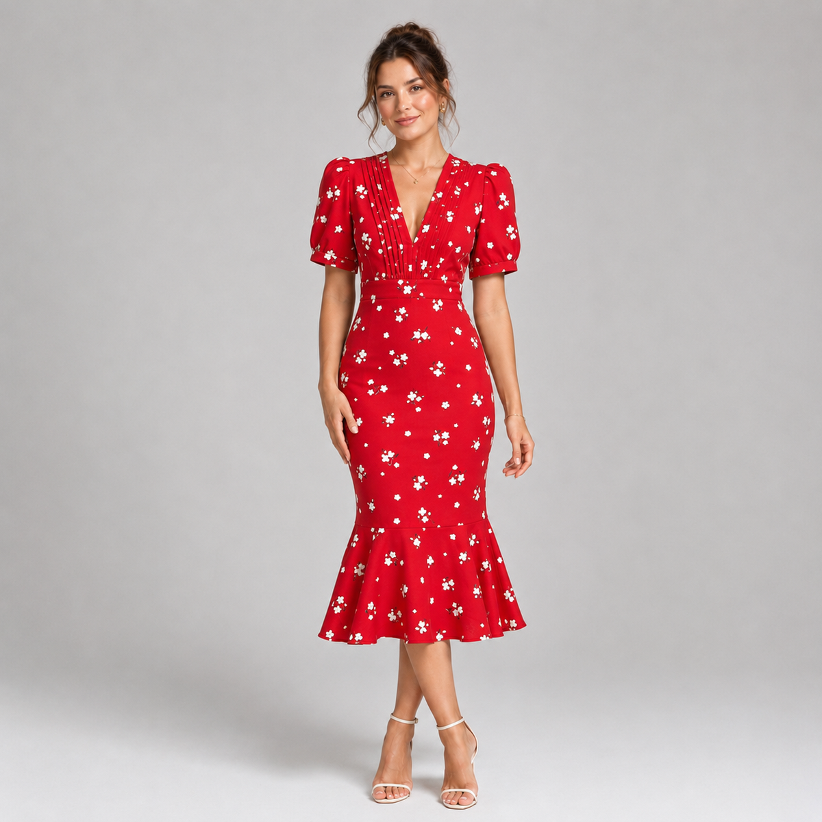 Robe midi fleurie à décolleté plongeant en V