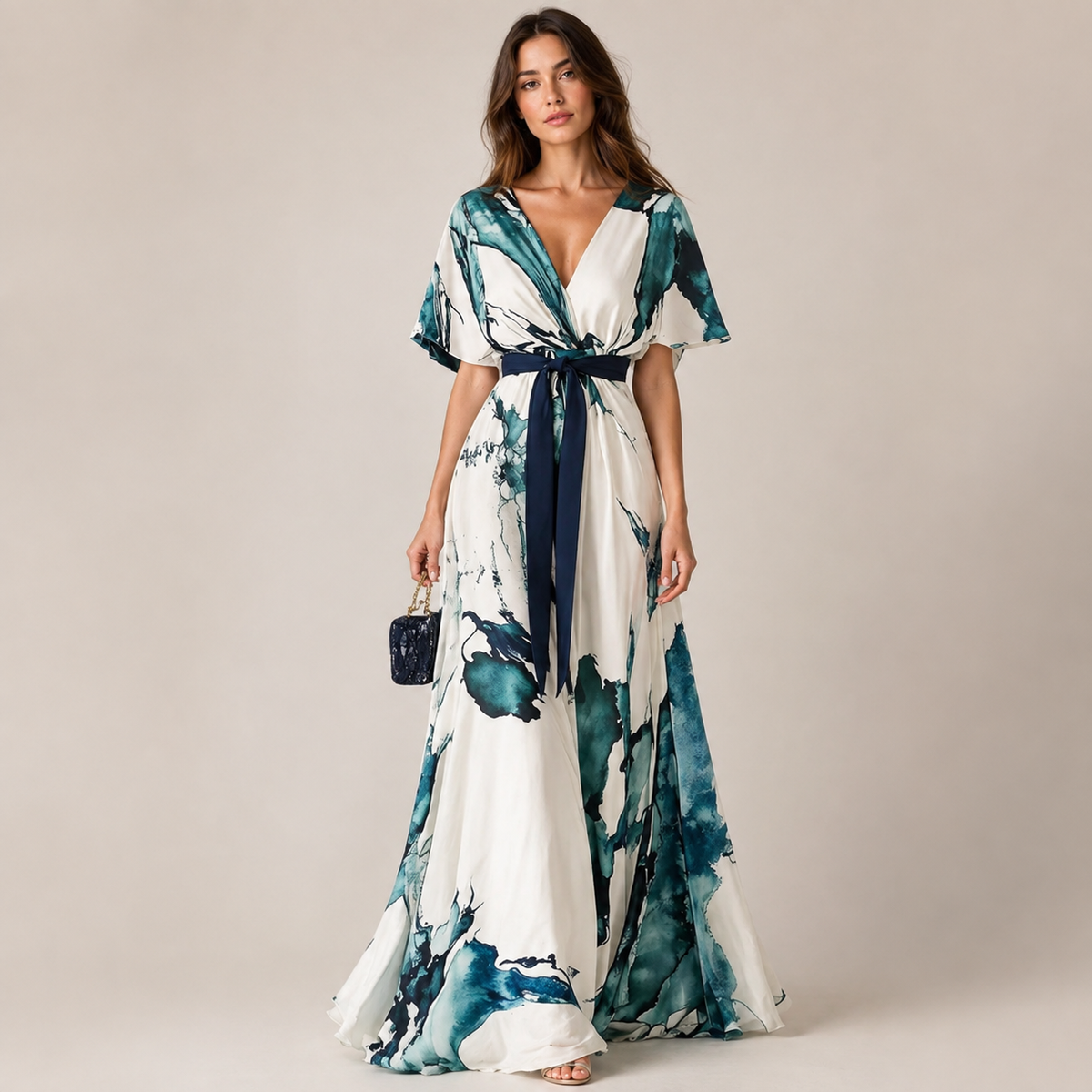 Robe longue aquarelle à taille nouée