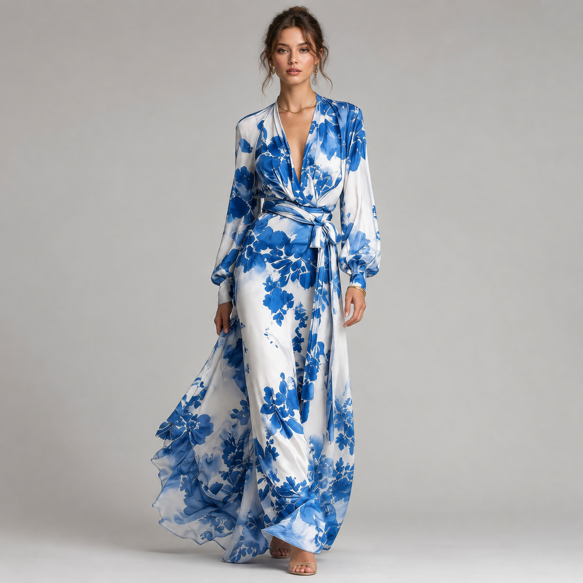 Robe longue ceinturée en mousseline à imprimé floral