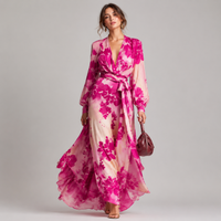 Robe longue ceinturée en mousseline à imprimé floral
