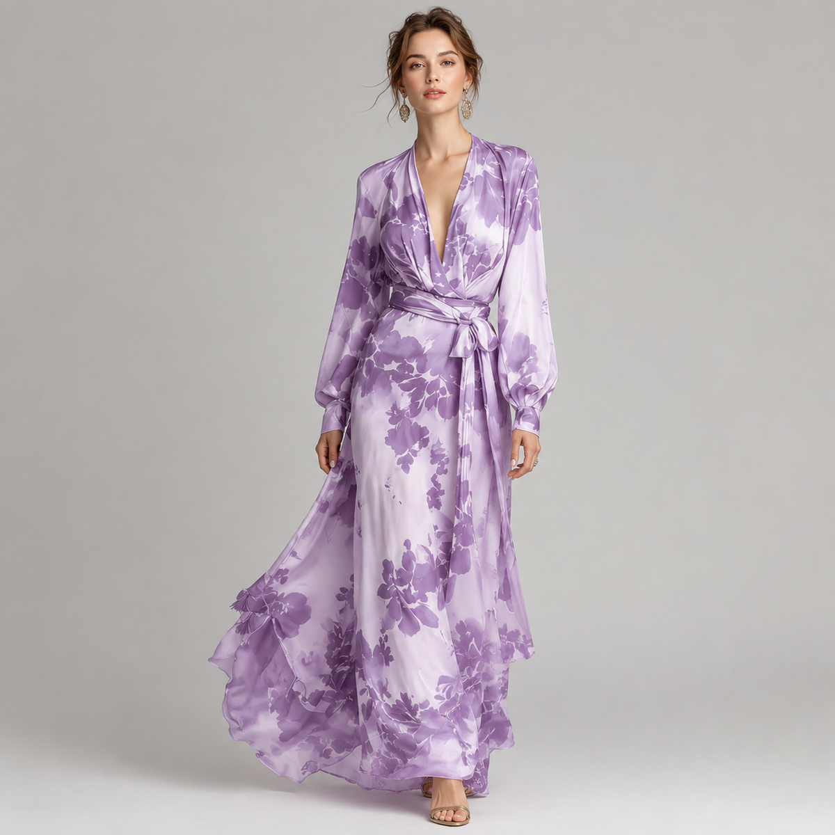 Robe longue ceinturée en mousseline à imprimé floral