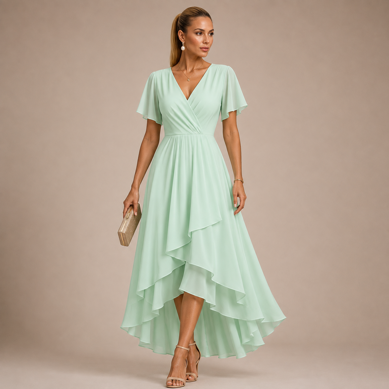 Serelle Vintage Asymmetrical Chiffon Midi Dress