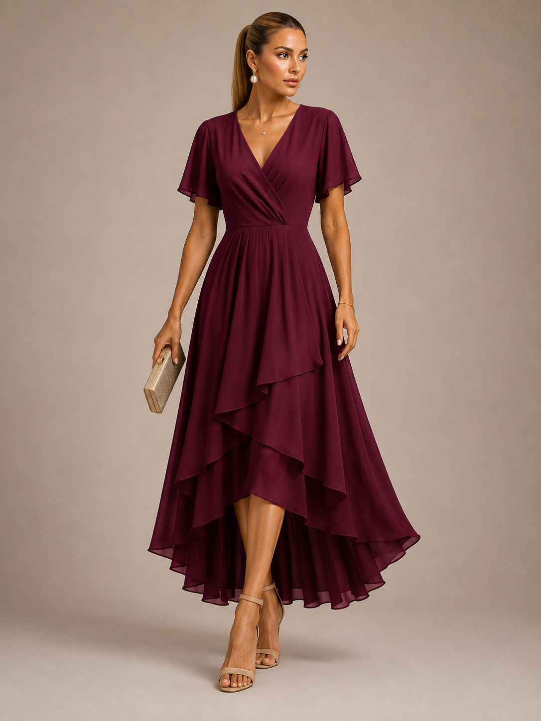 Serelle Vintage Asymmetrical Chiffon Midi Dress