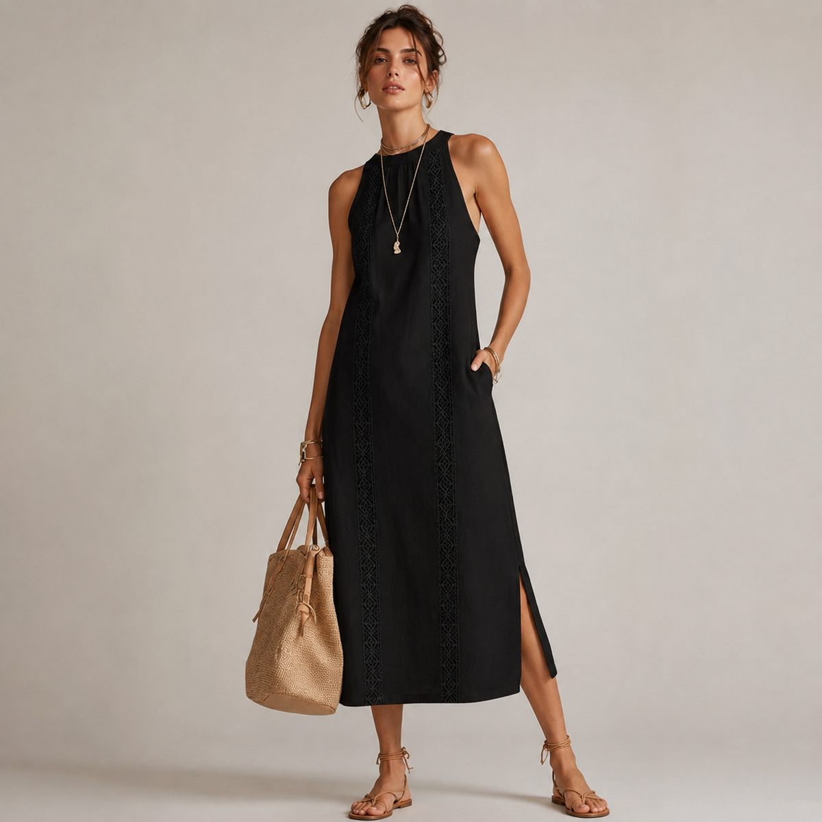 Embroidered mandarin collar midi dress