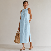 Robe midi à col mandarin brodé