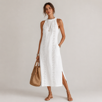 Robe midi à col mandarin brodé