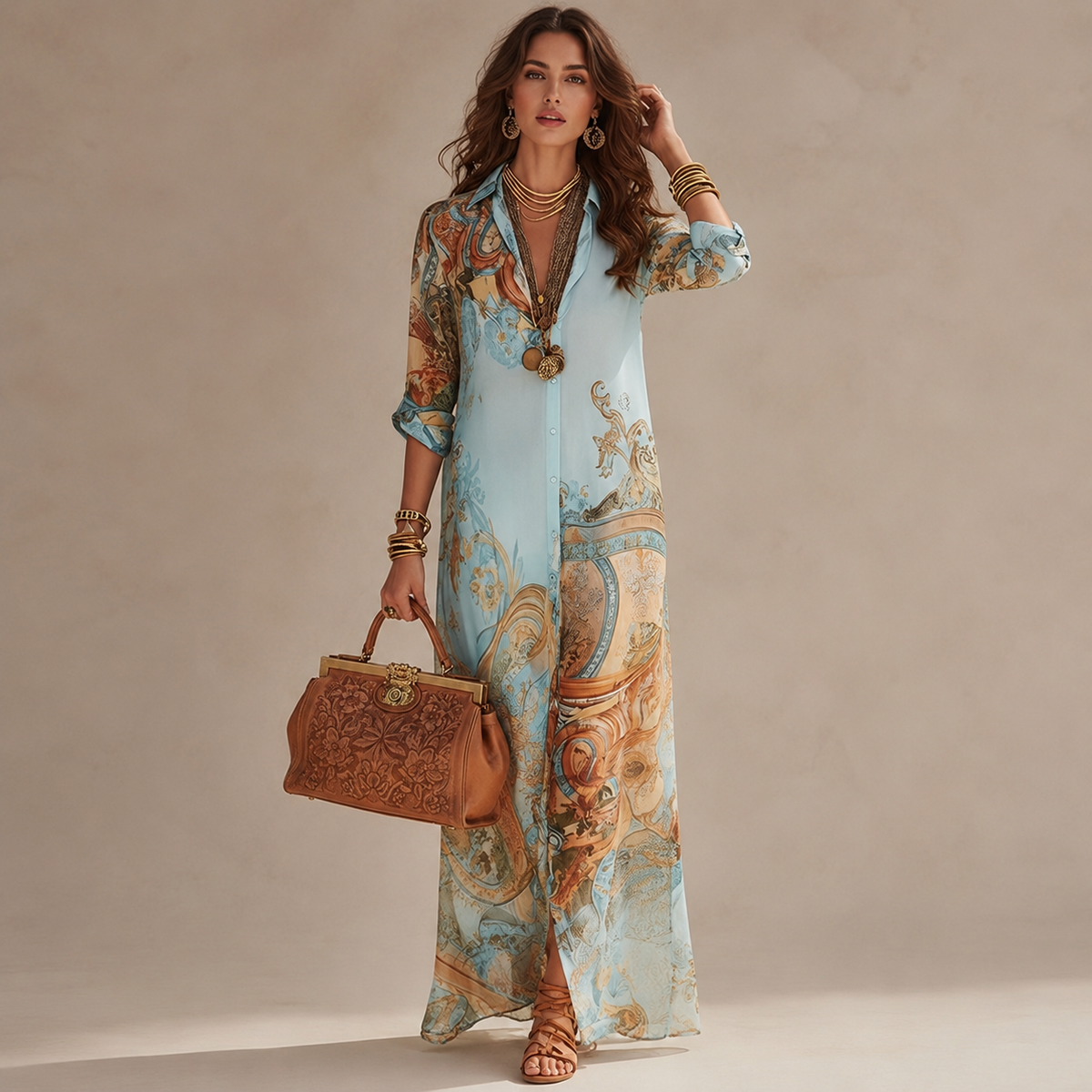 Robe-chemise midi bleue imprimée