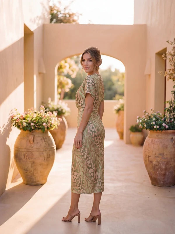 Robe midi à col en V et nœud torsadé