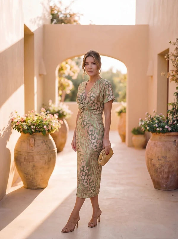 Robe midi à col en V et nœud torsadé