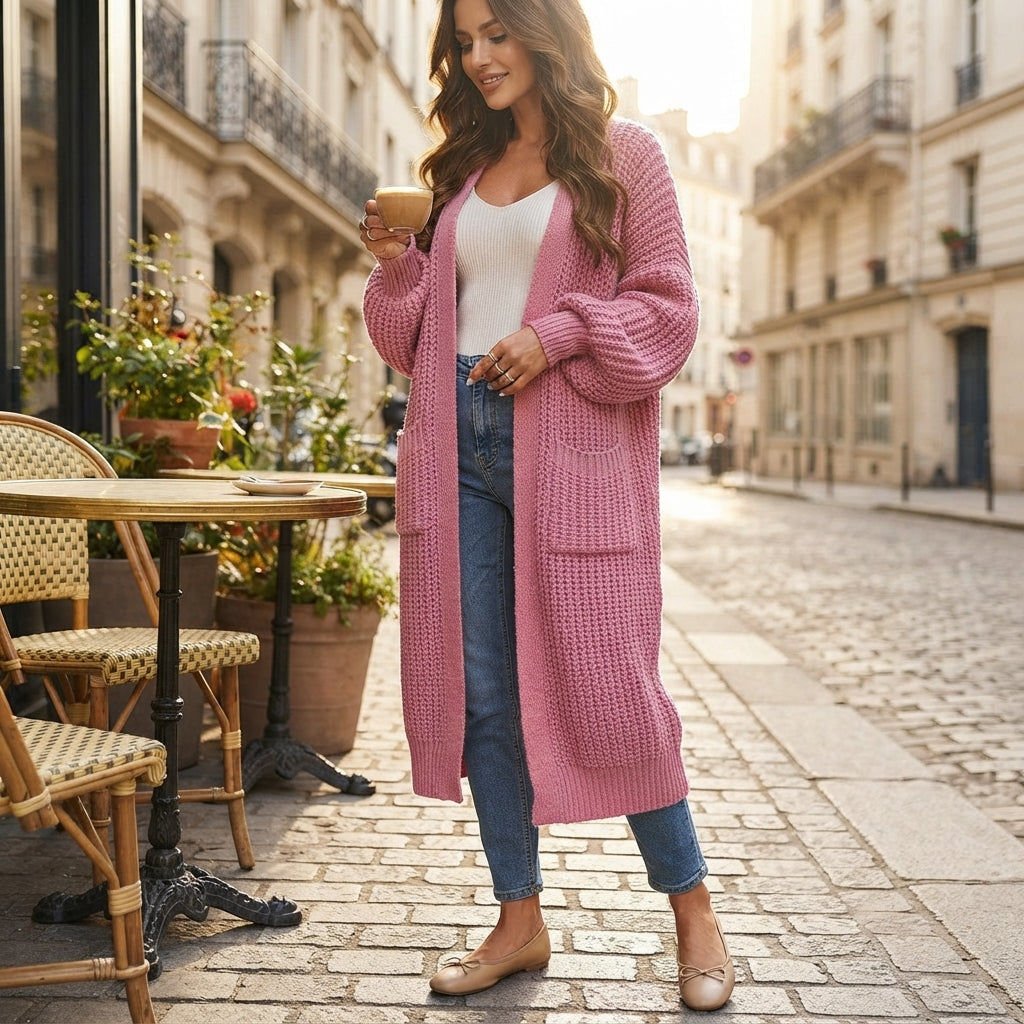 Gilet long en maille ouverte sur le devant
