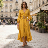 Robe midi évasée à col en V et ceinture