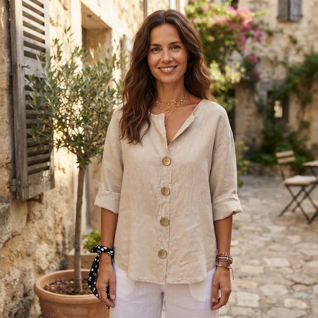 Blouse en lin à col en V boutonné
