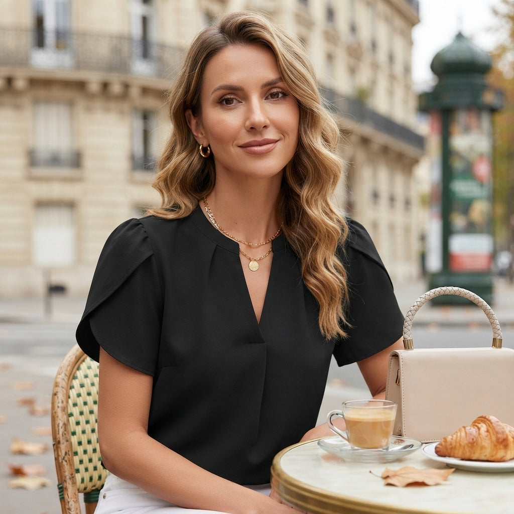 Blouse à col en V et manches pétales