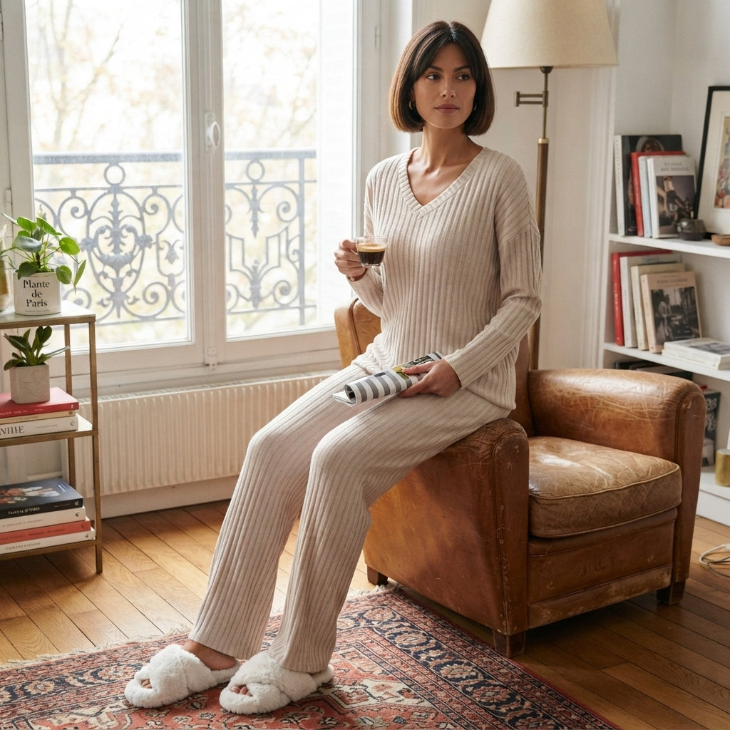 Ensemble en maille côtelée à col en V