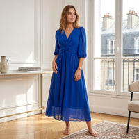 Robe midi en mousseline froncée