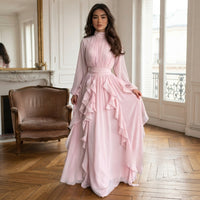 Robe longue rose à volants