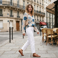 Pull en maille à col en V et motif floral