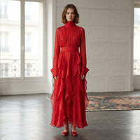 Robe longue rose à volants