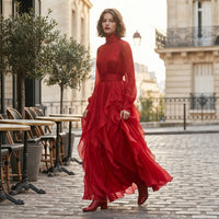 Robe longue rose à volants