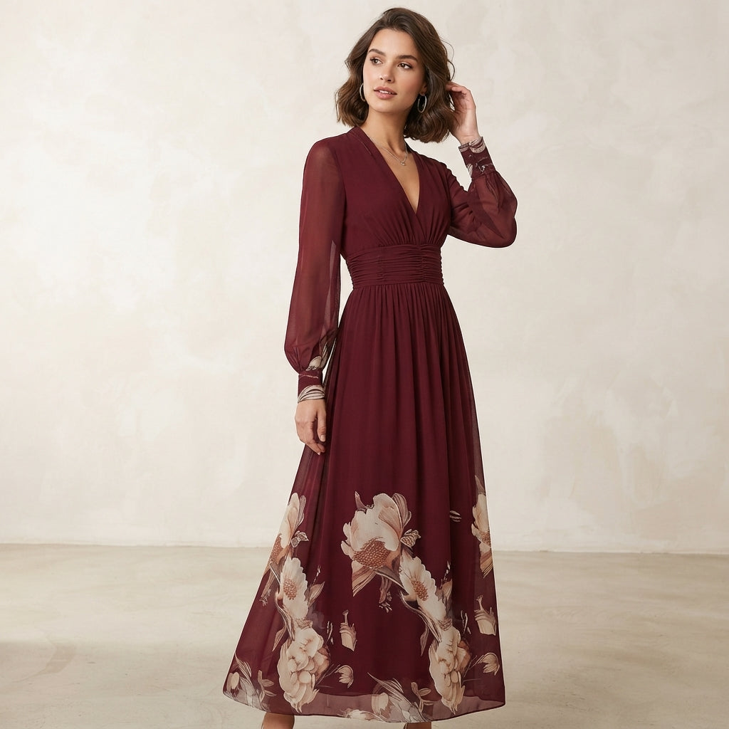 Robe longue Isabelle à manches transparentes et imprimé floral