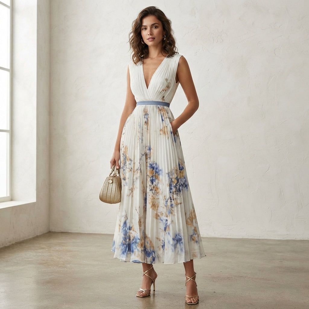 Robe midi bleue à fleurs cintrée et évasée