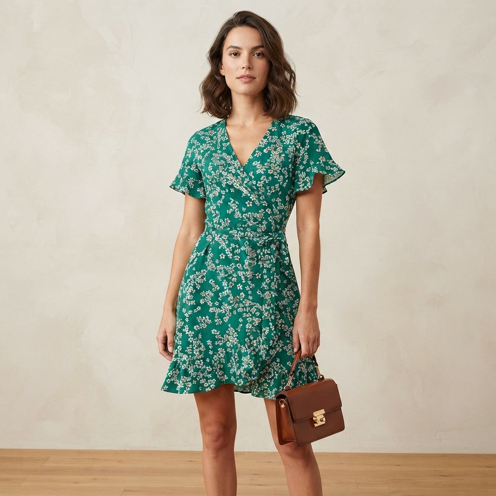 Robe courte portefeuille verte à fleurs