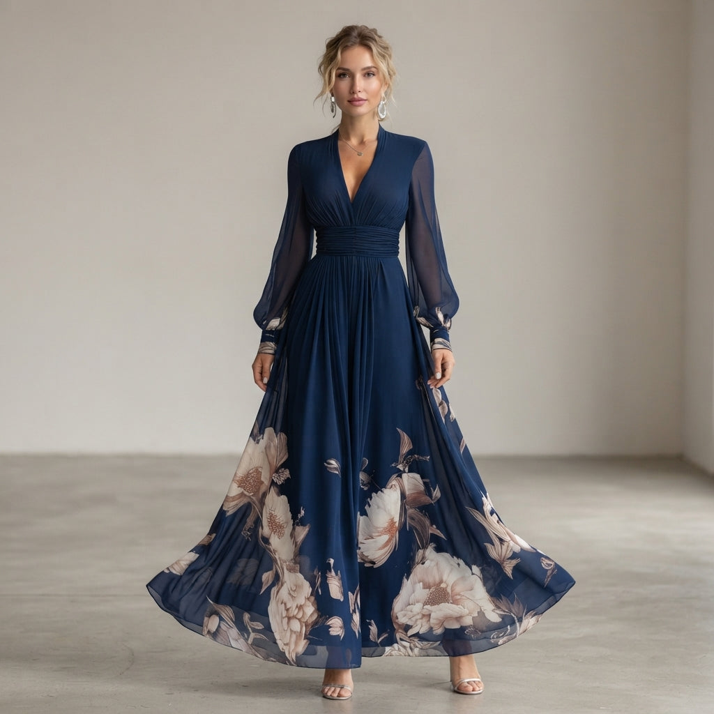 Robe longue Isabelle à manches transparentes et imprimé floral