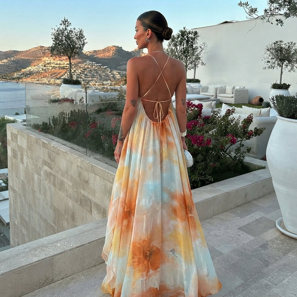 Robe maxi bohème dos nu à bretelles