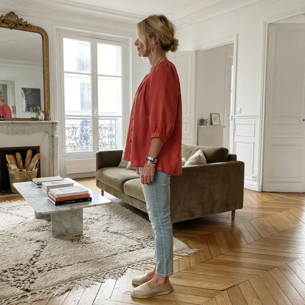 Blouse boutonnée à col en V et manches trois-quarts