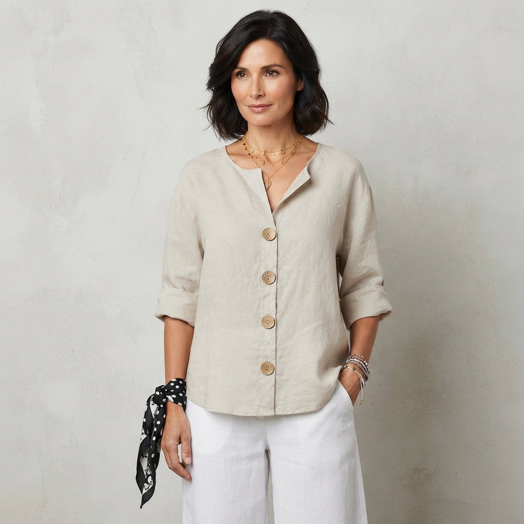 Blouse en lin à col en V boutonné