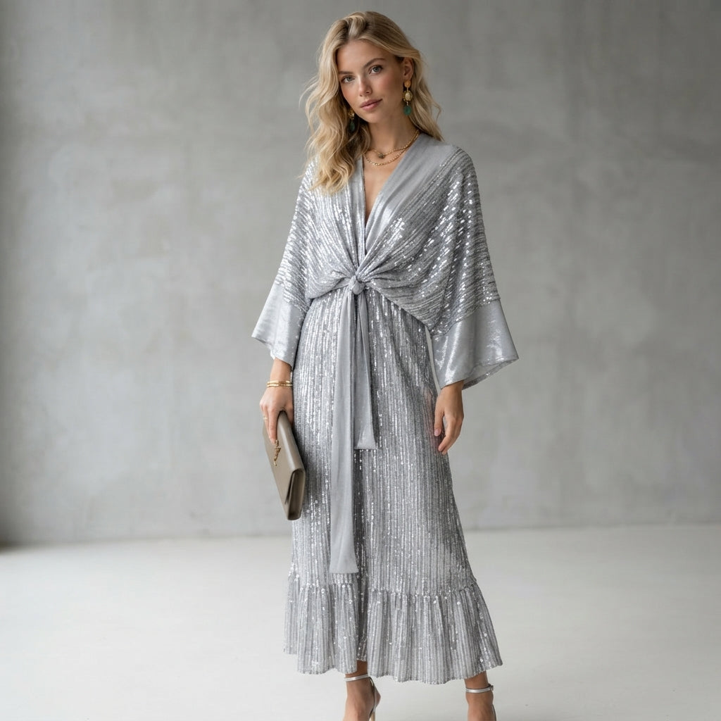 Robe kimono maxi métallisée ceinturée