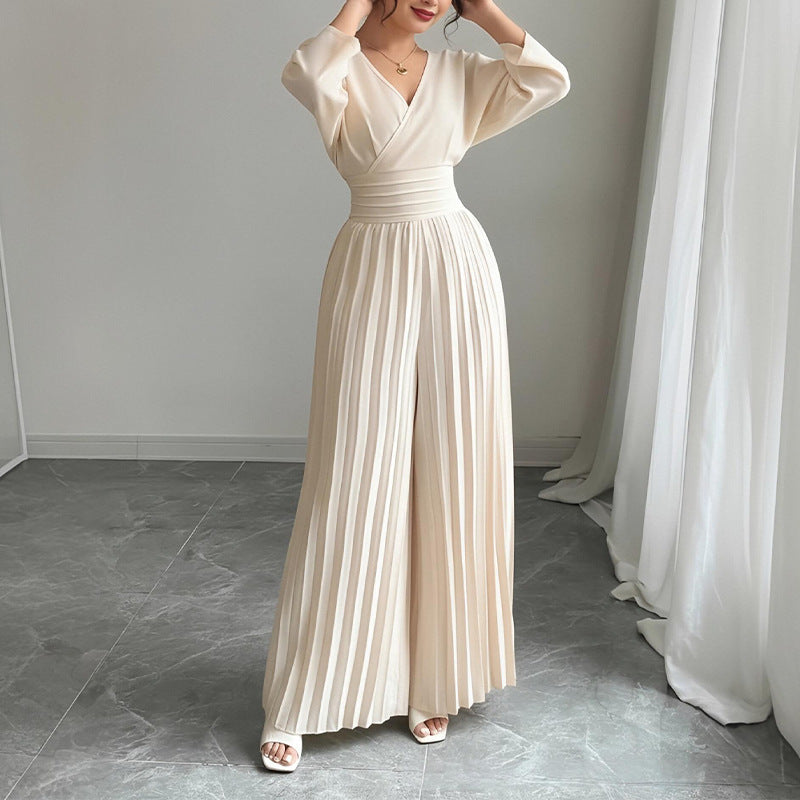 Pleated Wide-Leg Jumpsuit with Wrap Bodice