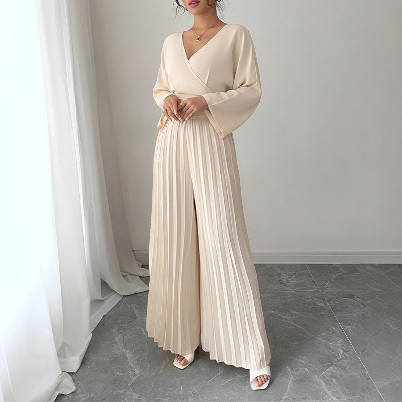 Pleated Wide-Leg Jumpsuit with Wrap Bodice