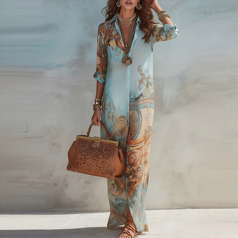 Printed blue midi shirt dress