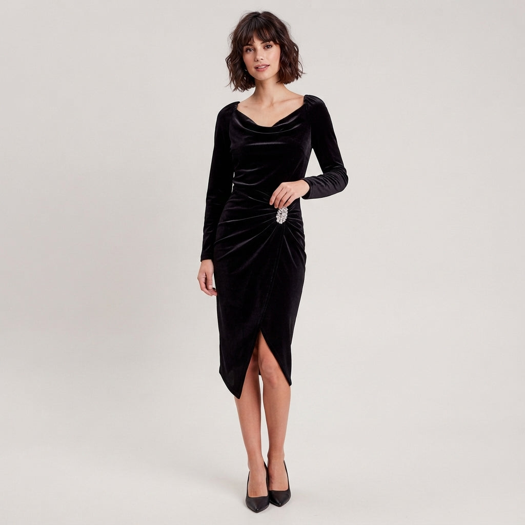 Robe drapée en velours à manches longues