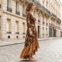 Robe longue portefeuille à motifs floraux pour l'automne