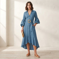 Robe midi évasée à col en V et ceinture